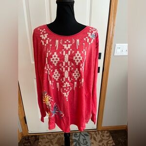 Women’s Johnny Was boho chic coral lightweight long sleeve tunic shirt. Medium